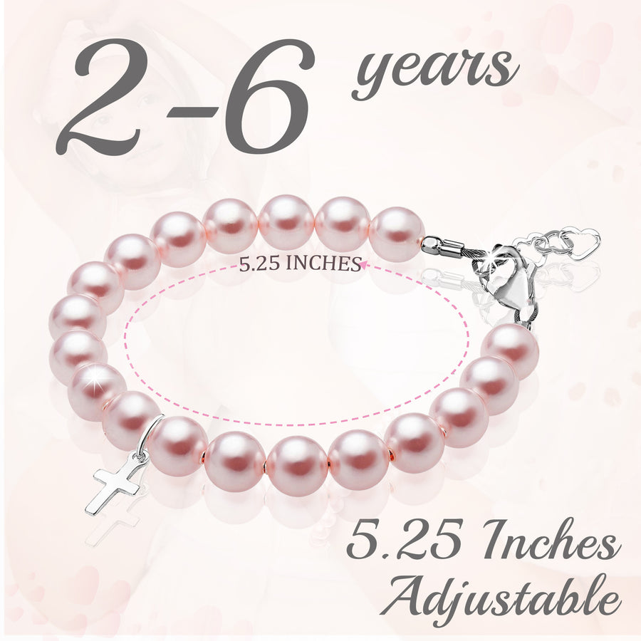 Toddler Baby Girl Sterling Silver Cross Baptism & Christening Pink Pearl Bracelet