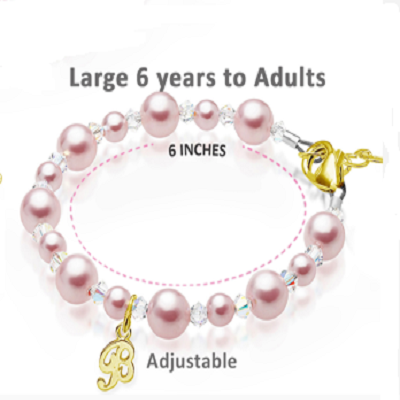 Pink Pearl &amp; Clear Crystal Kids Initial Bracelet, 14K Gold Plated