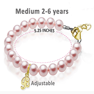 Baby Crystals 14K Gold-Plated Letter initial A-Z Charm Bracelets for Girls, Personalized Jewelry Pearl Bracelet for Baby Girls, infant, Toddlers, Teens | Sister, Cross, Charms, Birthday, Baptism Gifts