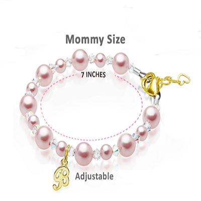 Pink Pearl &amp; Clear Crystal Kids Initial Bracelet, 14K Gold Plated