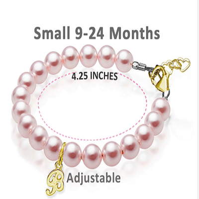 Baby Crystals 14K Gold-Plated Letter initial A-Z Charm Bracelets for Girls, Personalized Jewelry Pearl Bracelet for Baby Girls, infant, Toddlers, Teens | Sister, Cross, Charms, Birthday, Baptism Gifts