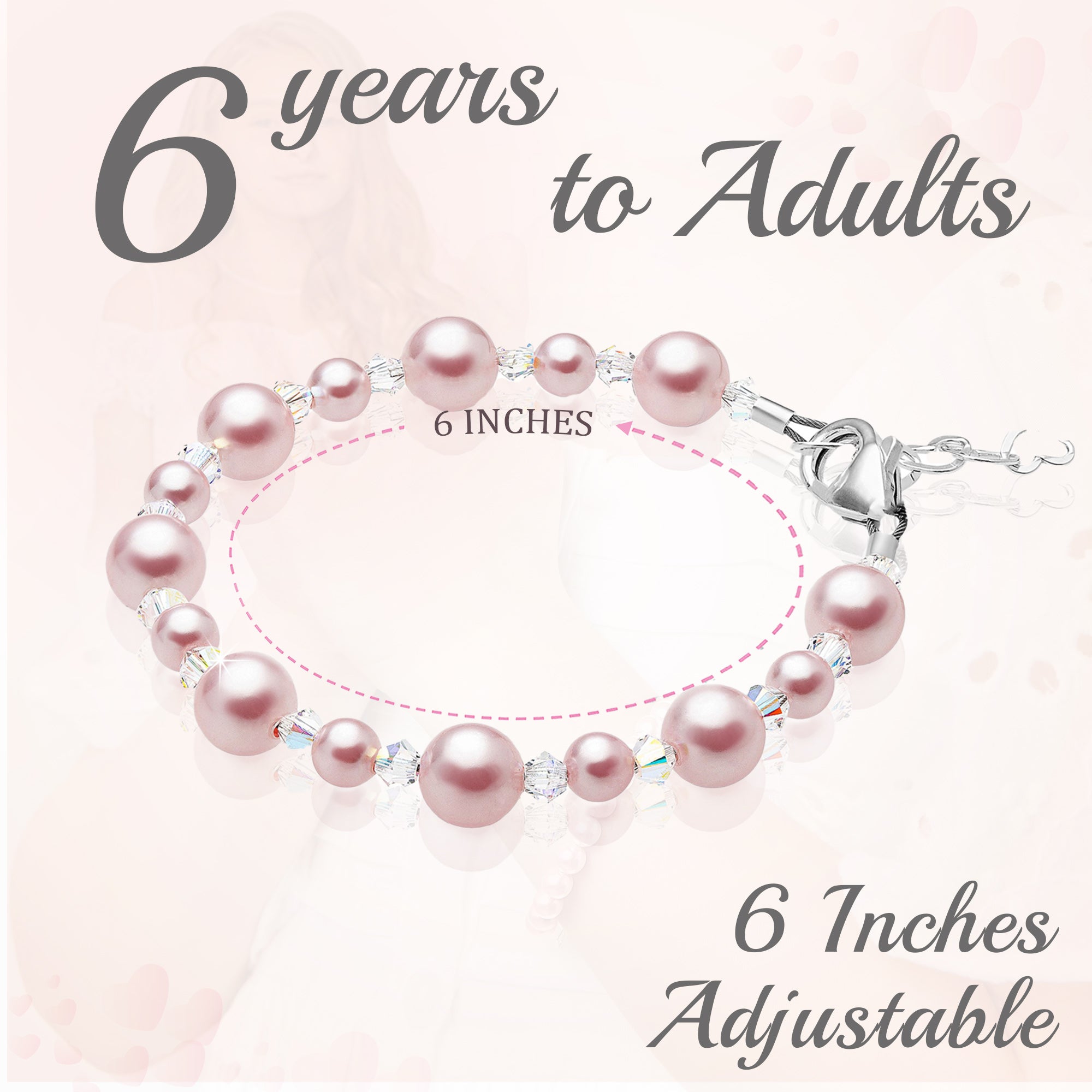 Sterling Silver Bracelet for Girls with Pink Pearls &amp; Clear Crystals