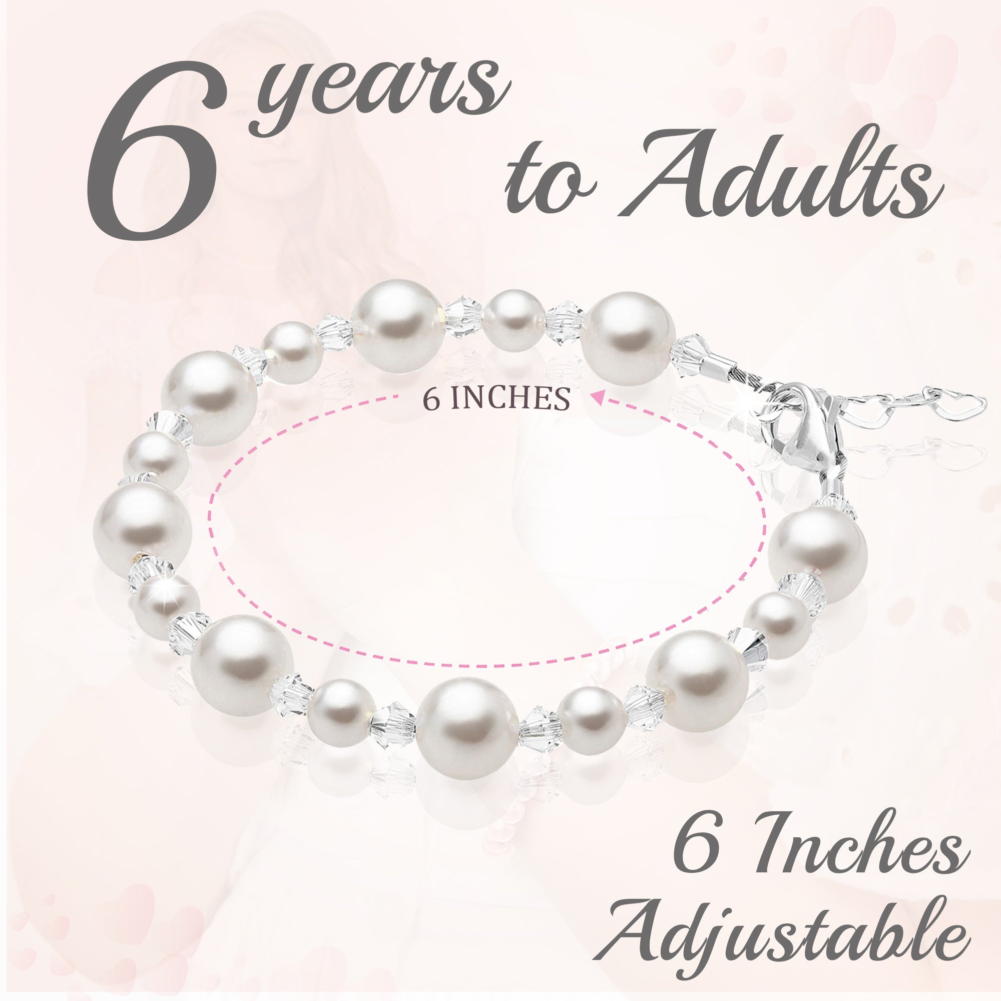 Sterling Silver Bracelet for Girls with White Pearls &amp; Clear Crystals