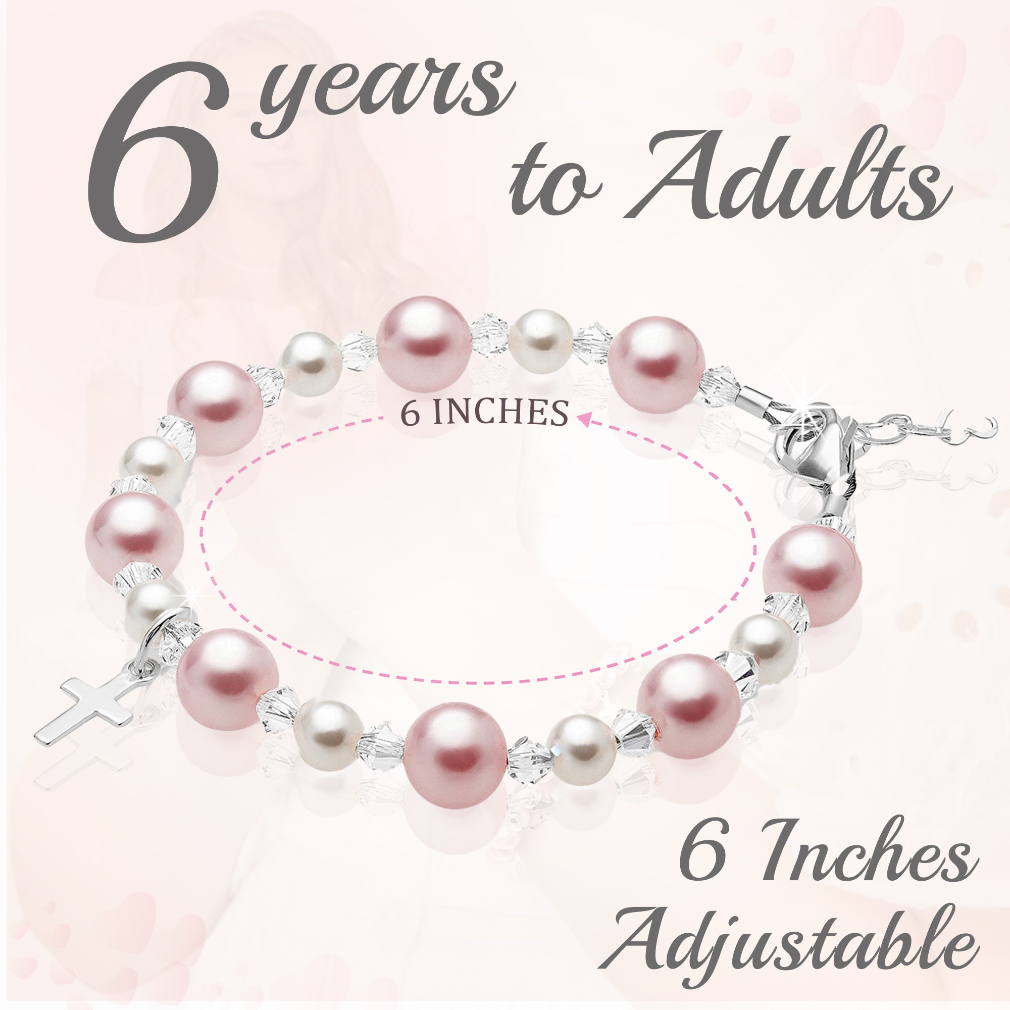 Sterling Silver Cross Baptism Bracelet for Girls - Pink &amp; White Pearl Clear Crystals