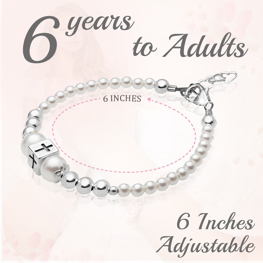 Sterling Silver Beads Box Cross White Pearl Bracelet for Girls - Baptism Gifts