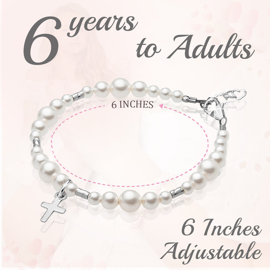 Sterling Silver Crimps Cross Charm white Pearl Christening Baptism Bracelet for Girls