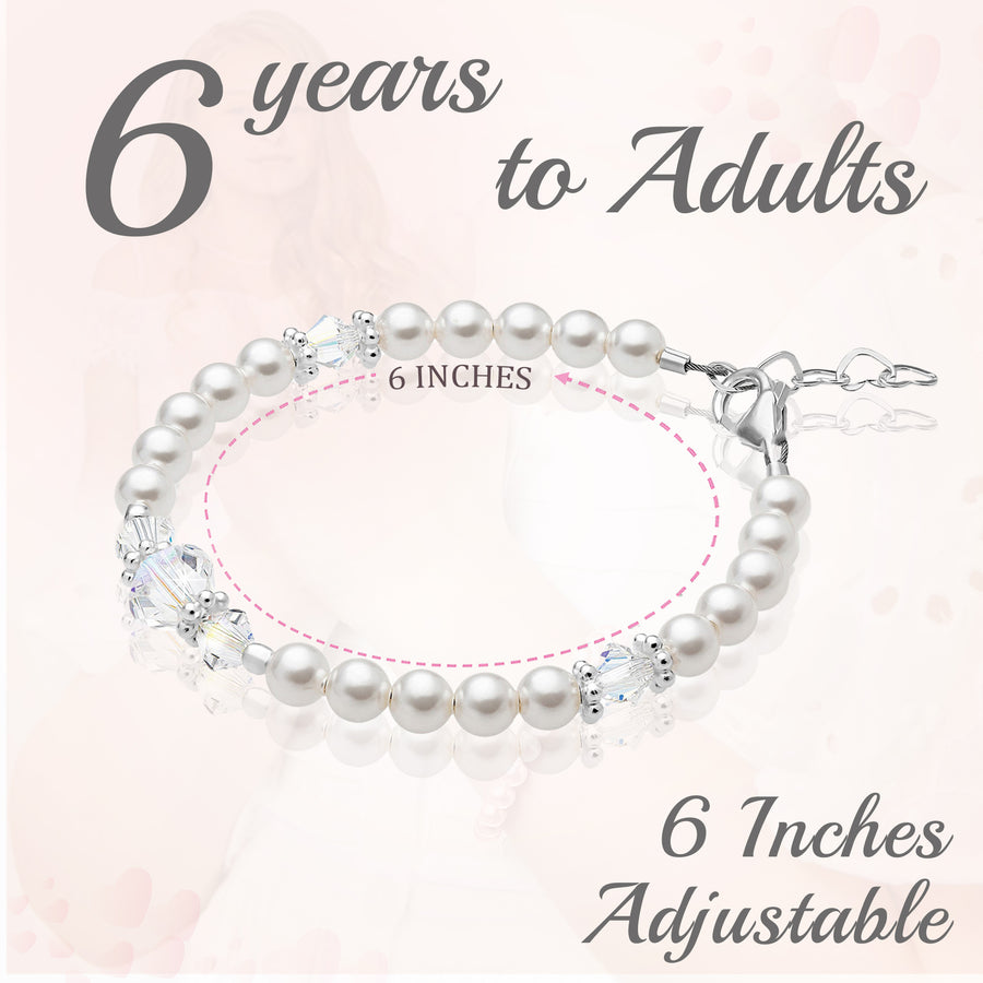 Sterling Silver Bracelet For Girls With Clear Crystals & White Pearls