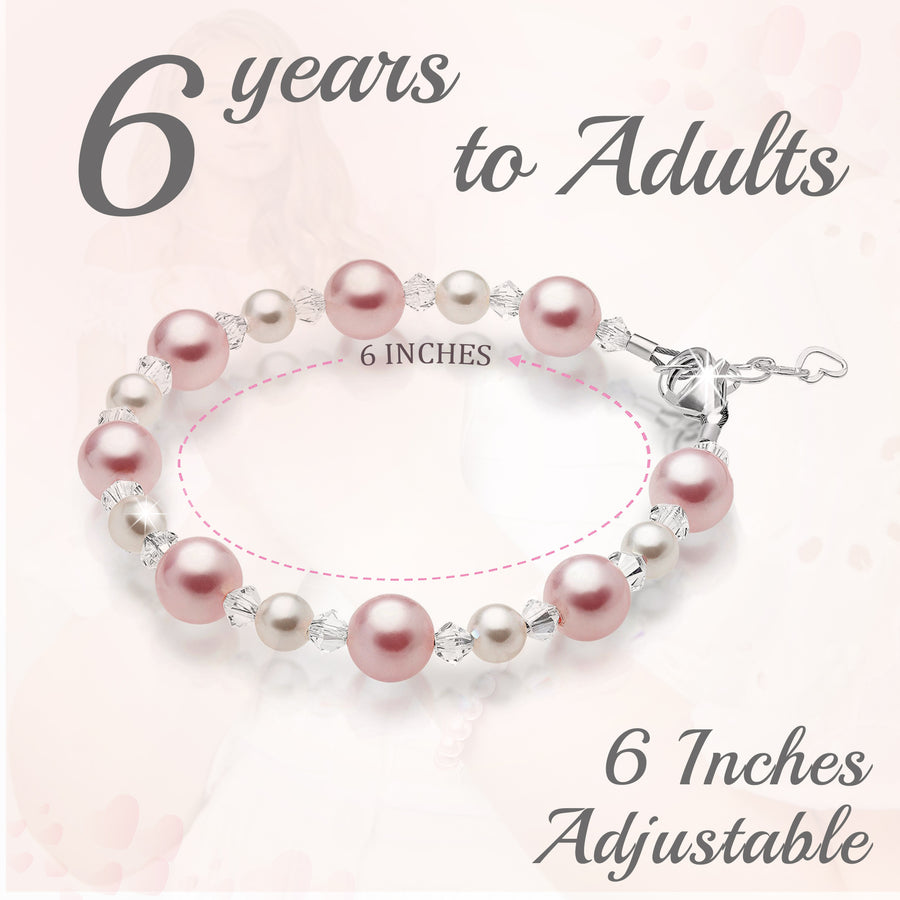 Teen Girl Bracelets with Pink & White Pearls & Clear Crystals