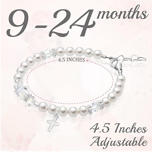 Infant Baby Sterling Silver Cross Baptism Pearl Bracelet White Pearl Clear Crystals