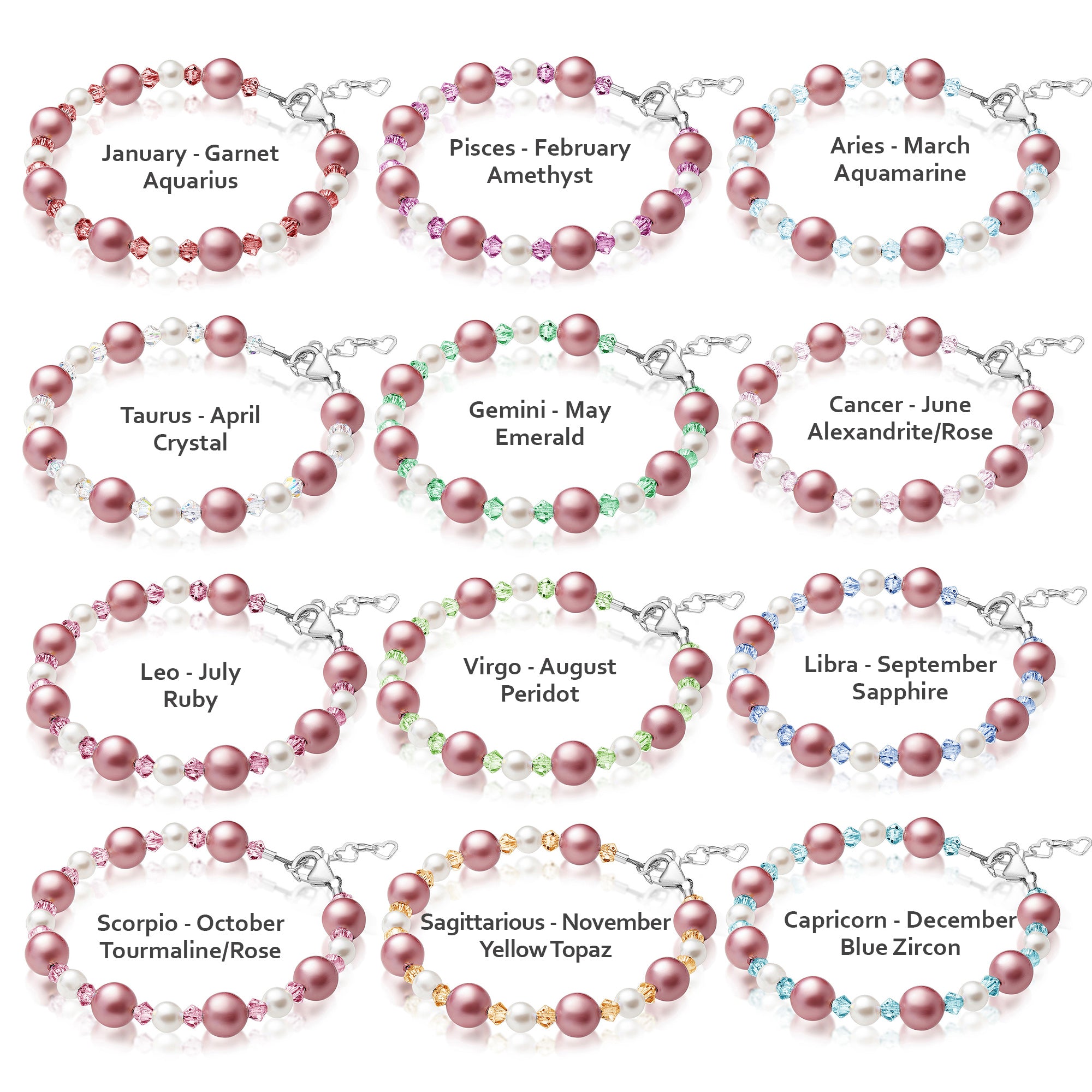 Personalized Birthstone Bracelets for Girls -White and Rose Simulated Austrian Pearls Crystals, Sterling Silver Initial Charm Bracelet Jewelry for Babies to teens, Customized Alphabet Letters