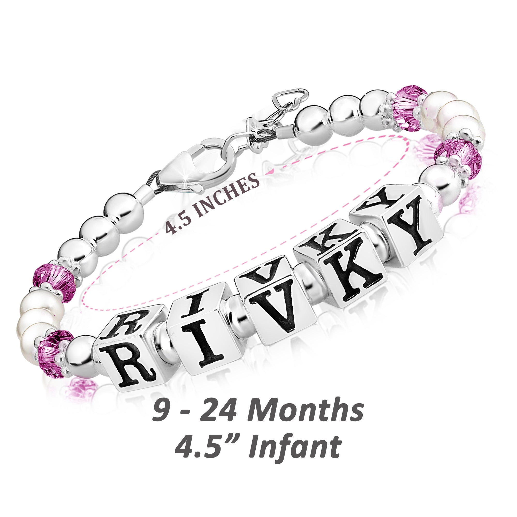 Baby Crystals Personalized Pearl Bracelet for Infant Girls - Baby Jewelry - Birthstone Bracelets with Name - Custom Name Bracelet for Women- Baptism Gifts -Teen Girl Gifts - Silver Jewelry Charm