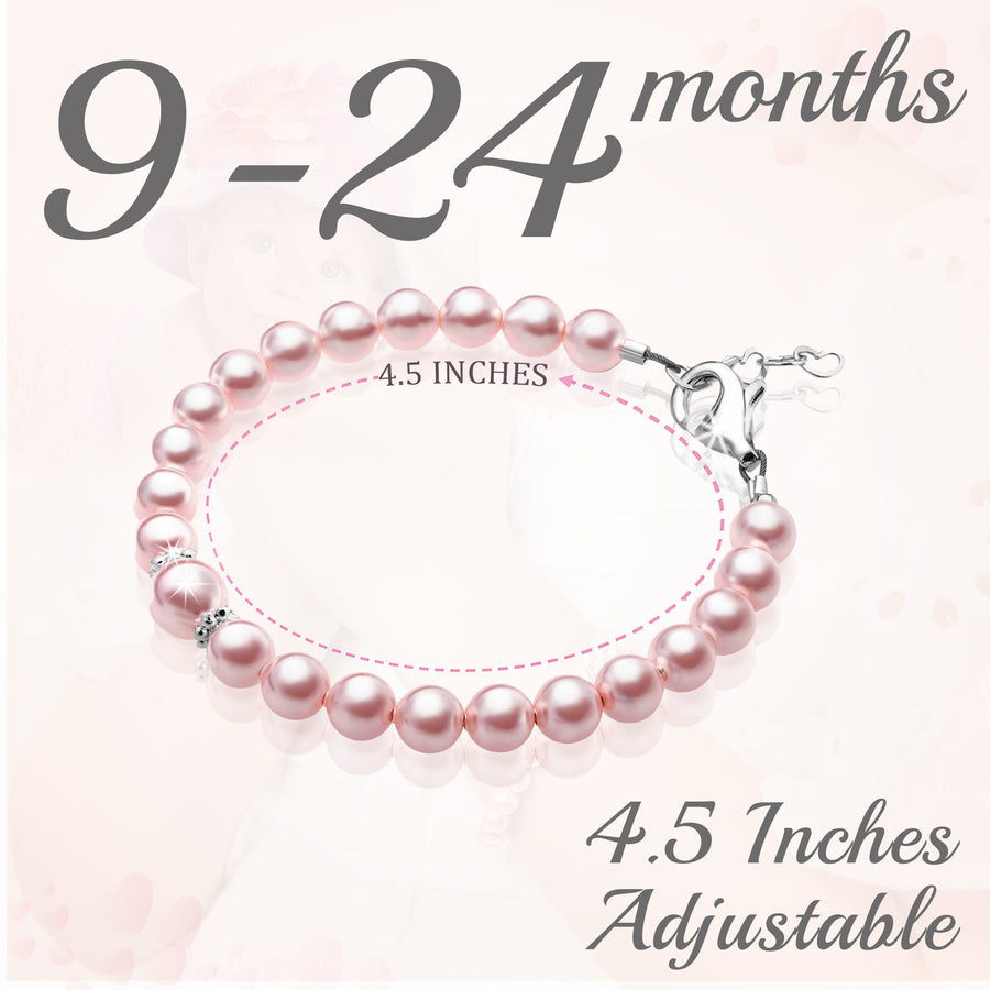 Infant Baby Girl Bracelet with Pink Pearl & Silver Daises