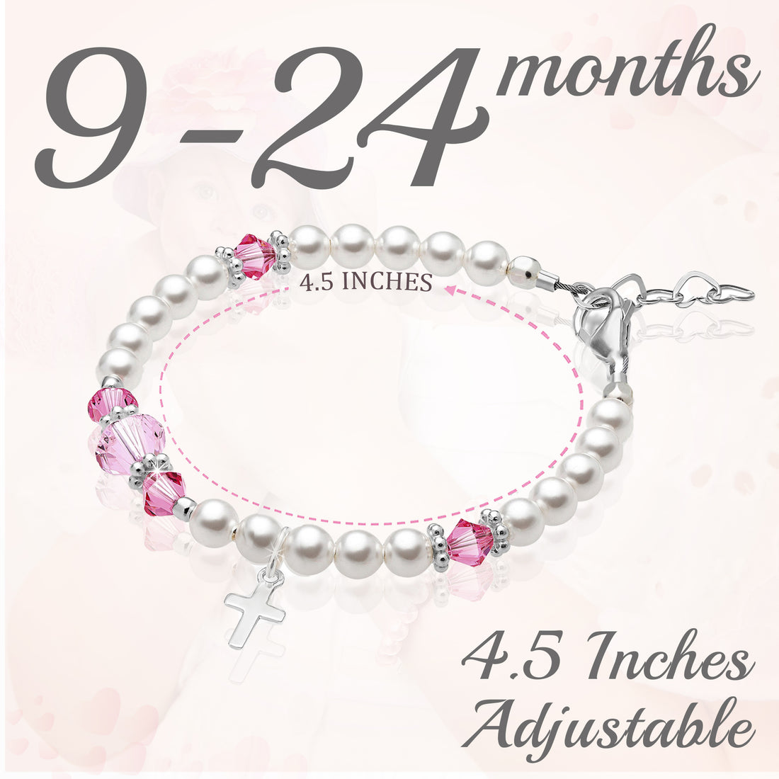 Sterling Silver Cross Baptism Bracelet for Girls - White Pearl Pink Crystals