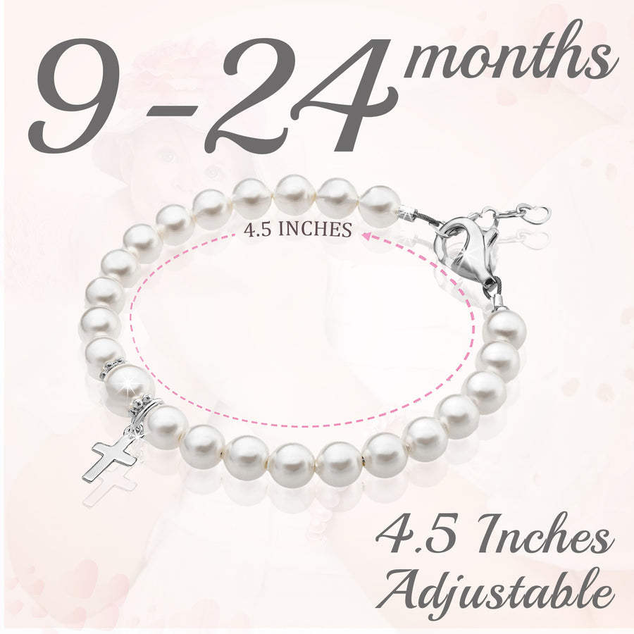 Infant Baby White Pearl Bracelet Baptism & Christening Sterling Silver Cross Charm