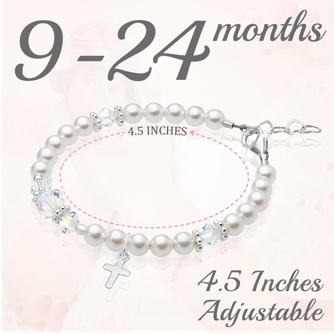 Infant Baby Girl Sterling Silver Cross Pink Pearl Christening Baptism Bracelet
