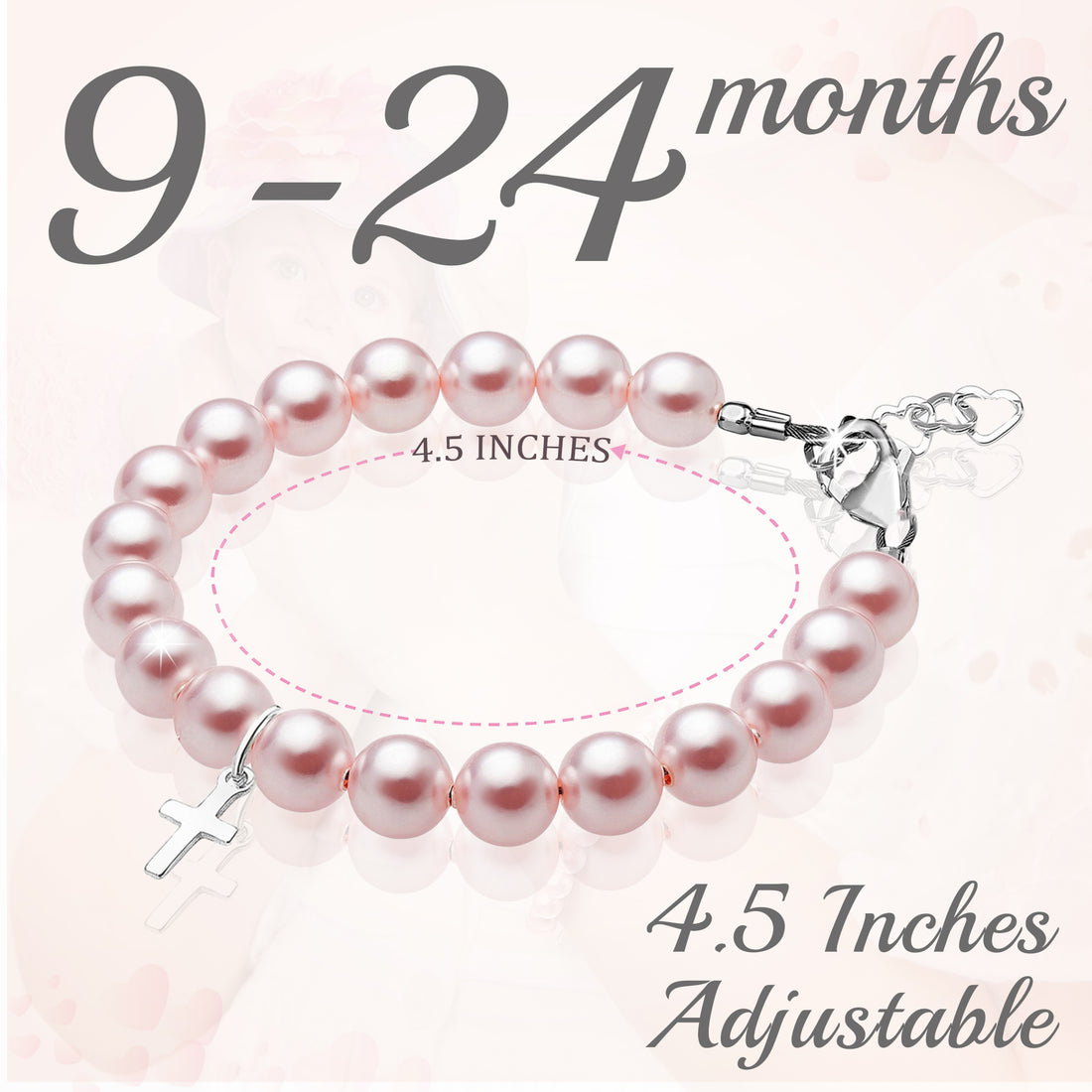 Sterling Silver Cross Charm Pink Pearl Bracelets for Girls - Baptism Gifts