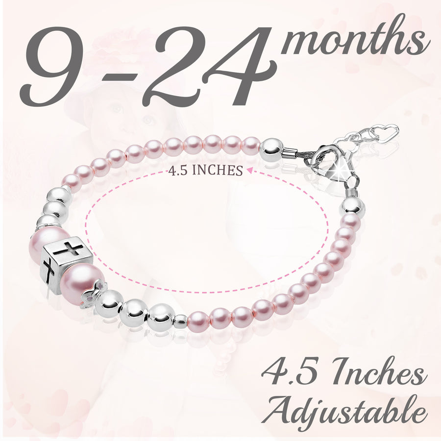 Sterling Silver Beads Box Cross Pink Pearl Bracelet for Girls - Baptism Gifts