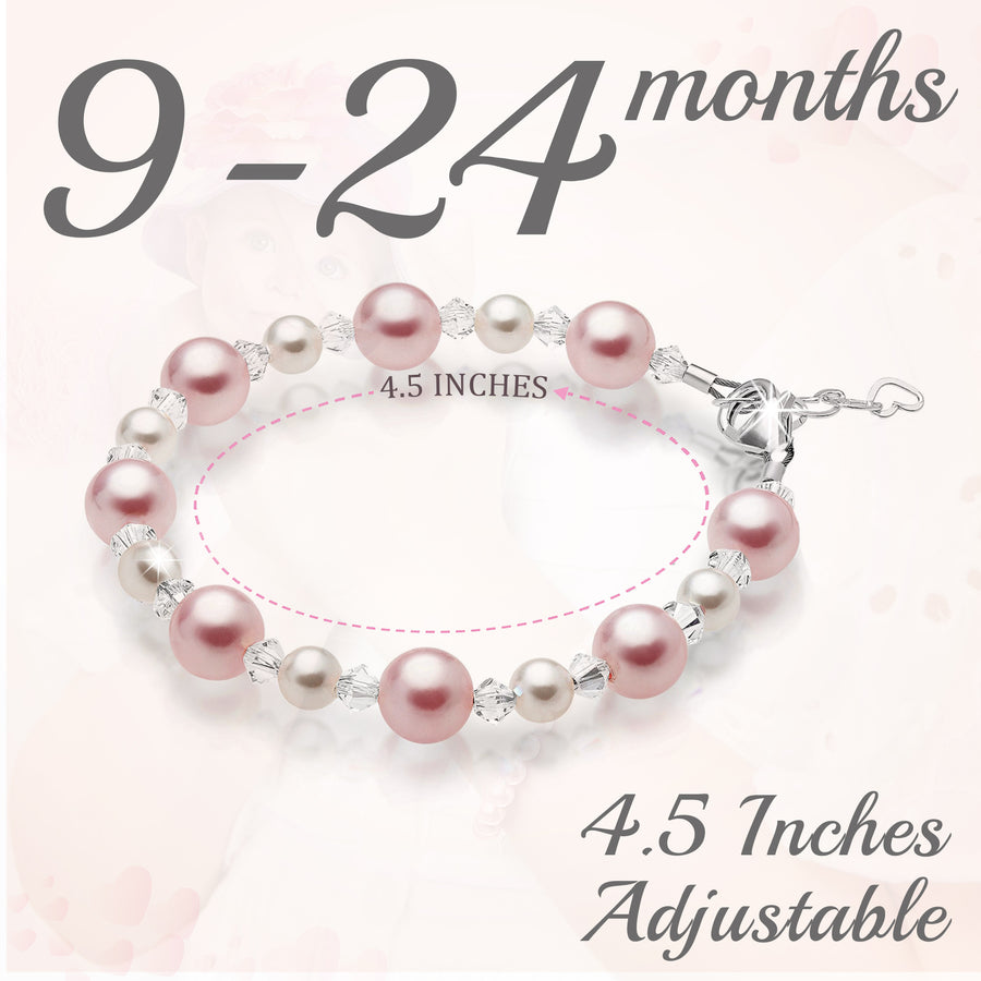 Infant Baby Girl Bracelet with Pink & White Pearls & Clear Crystals