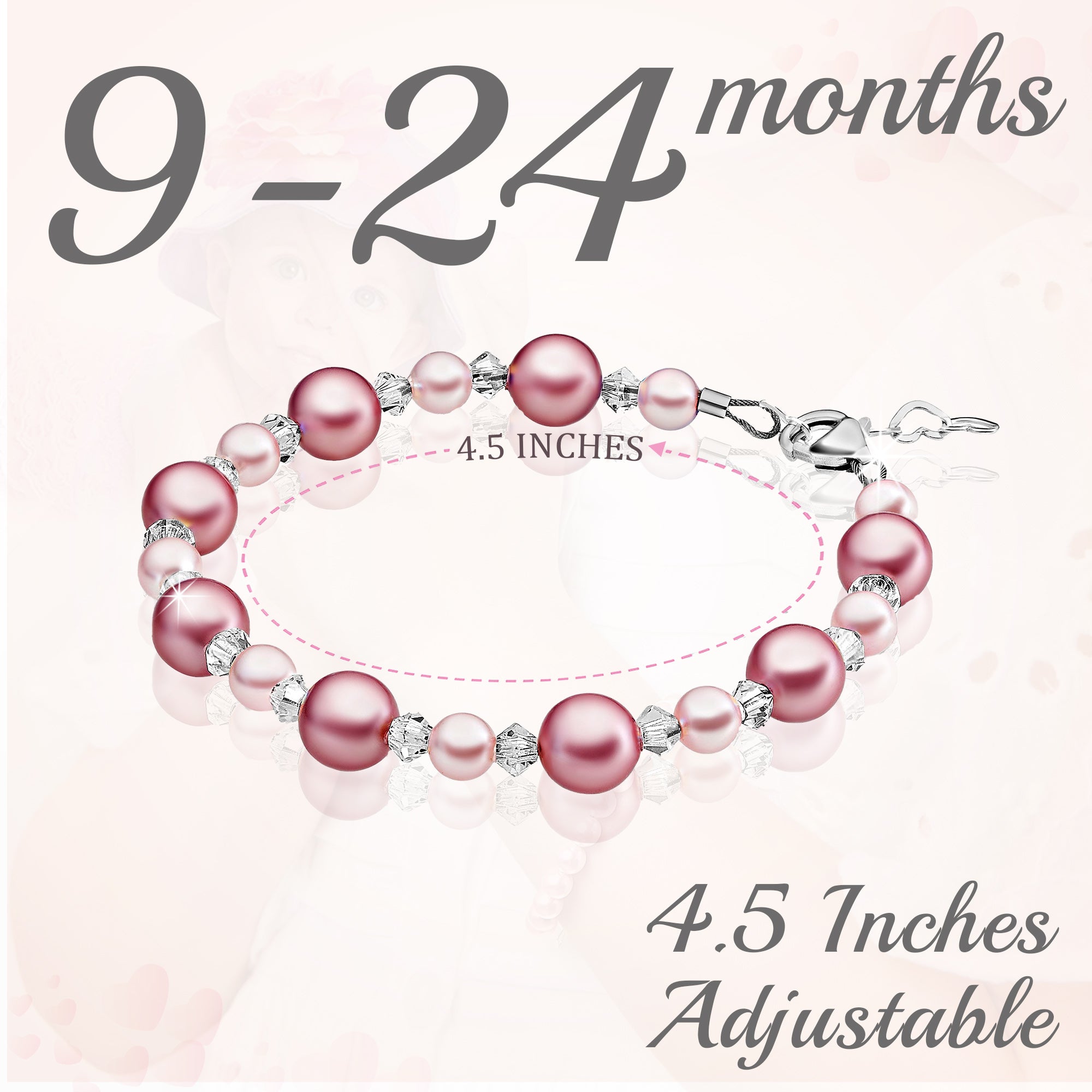 Sterling Silver Bracelet for Girls with Rose &amp; Pink Pearls &amp; Clear Crystals