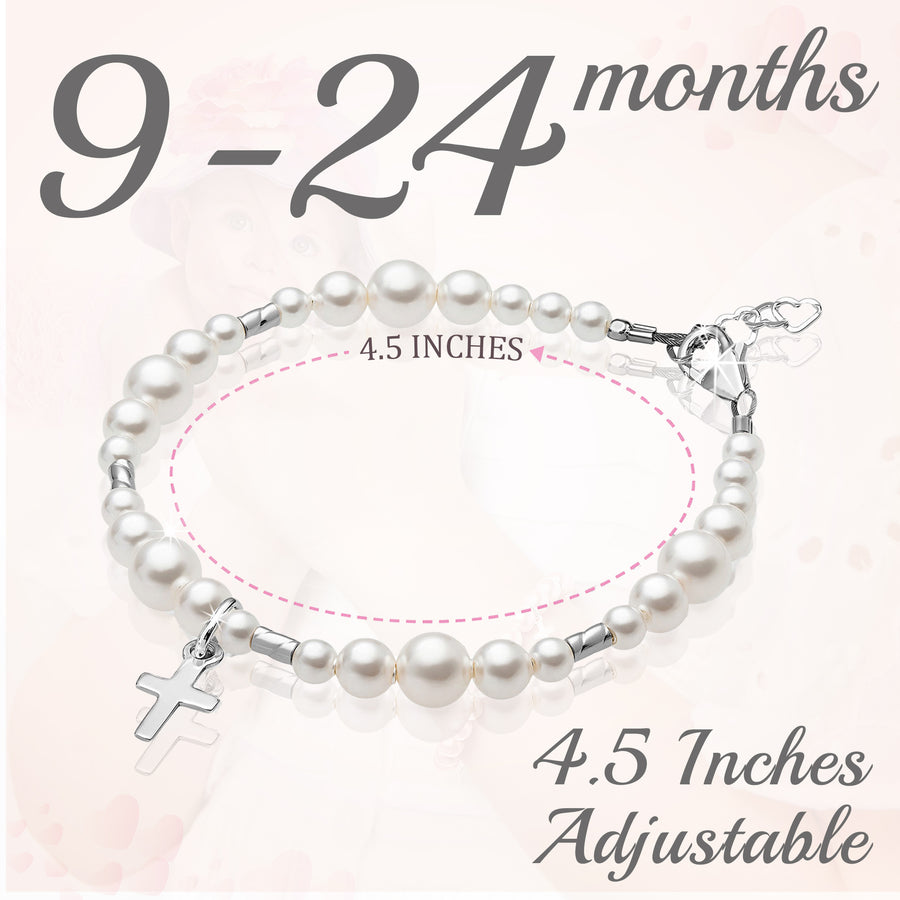 Sterling Silver Crimps Cross Charm white Pearl Christening Baptism Bracelet for Girls