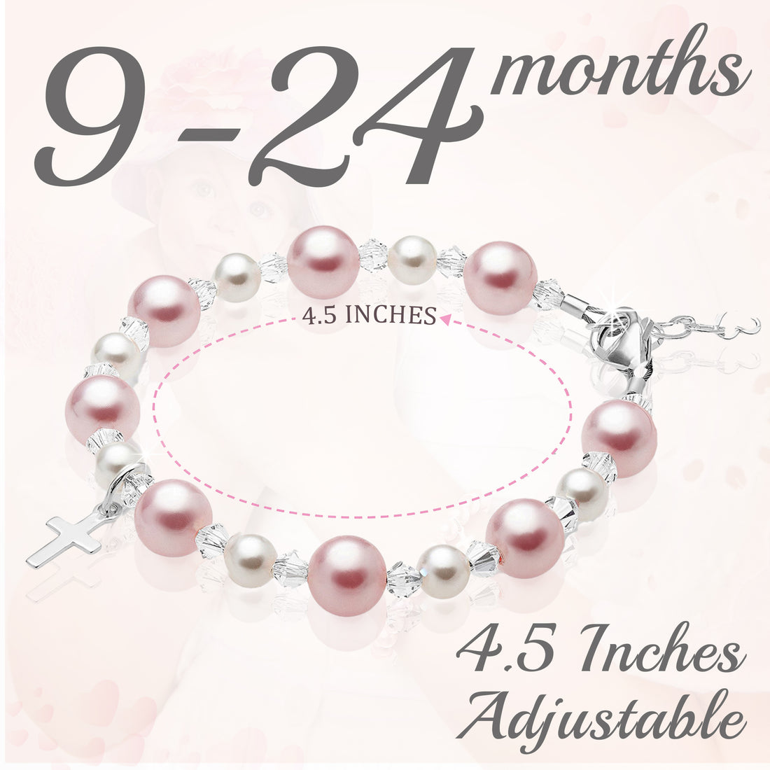 Infant Baby Girl Baptism Bracelet Sterling Silver Cross Pink & White Pearl Clear Crystals