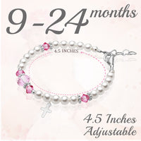 Infant Baby Girl Sterling Silver Cross Baptism Pearl Bracelet White Pearl Pink Crystals