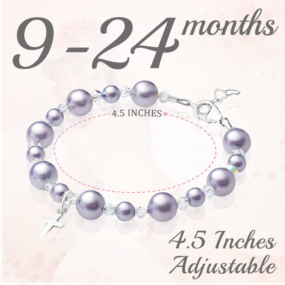 Baptism & Christening Sterling silver Cross Bracelet for Girls Lavender Pearls & Clear Crystals