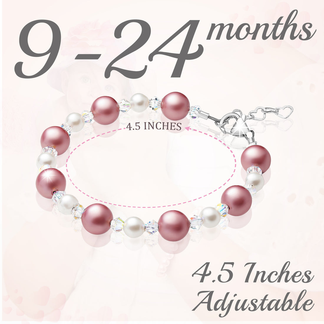 Sterling Silver Bracelet for Girls with Rose & White Pearls & Clear Crystals