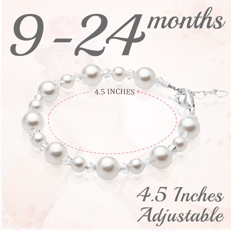 Sterling Silver Bracelet for Girls with White Pearls & Clear Crystals
