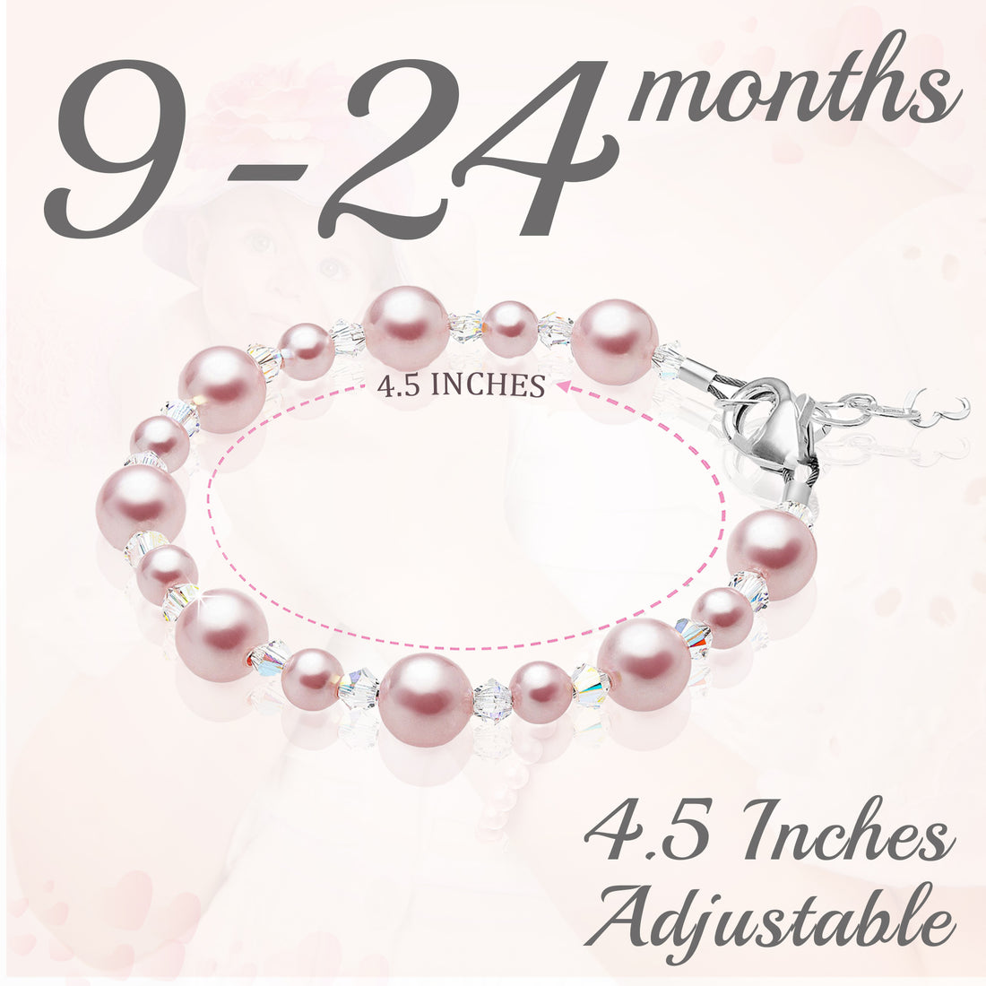 Sterling Silver Bracelet for Girls with Pink Pearls & Clear Crystals