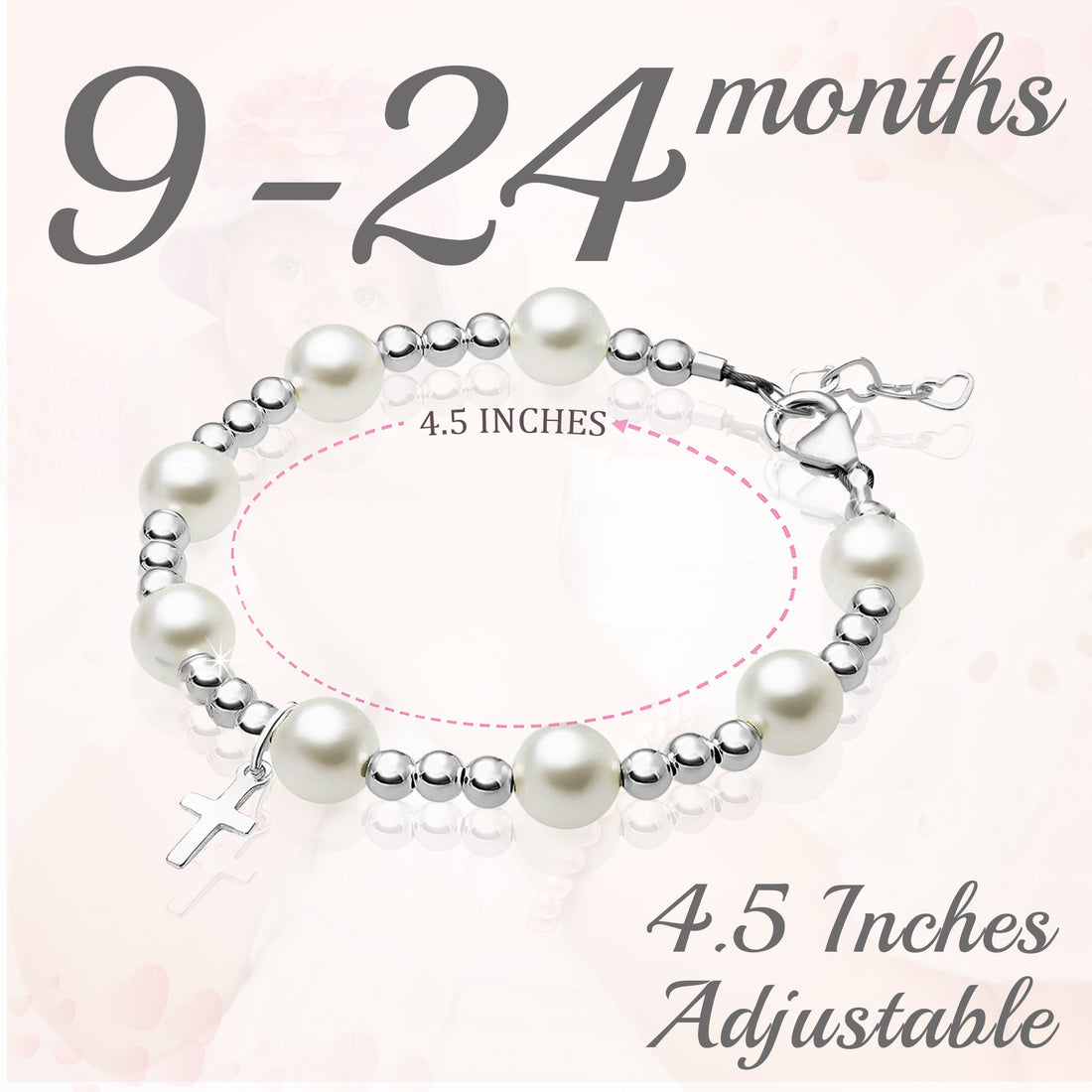 Infant Baby Sterling Silver Beads Baptism Cross Charm White Pearl Bracelet