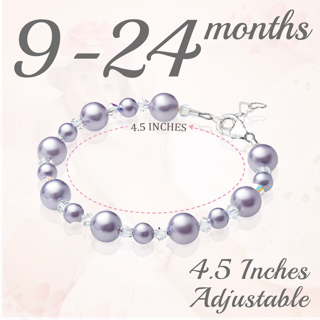 Infant Baby Girl Bracelet with Lavender Pearls & Clear Crystals