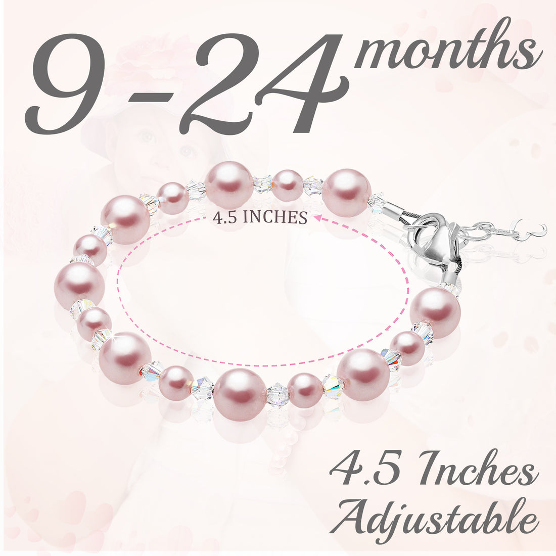 Infant Baby Girl Bracelet with Pink Pearls & Clear Crystals