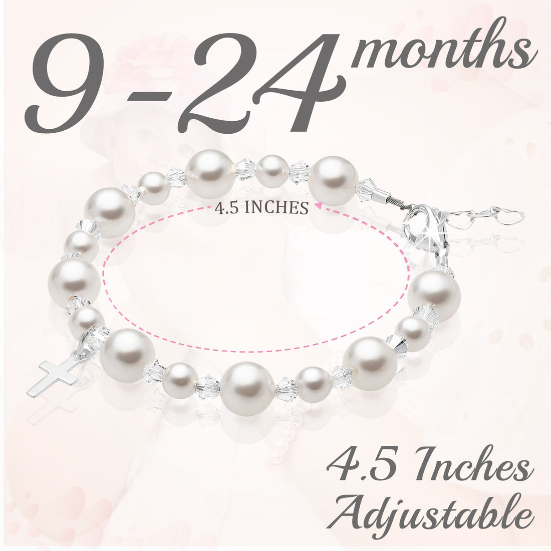 Sterling Silver Cross and White Pearl Bracelet for Girls Baby Crystals
