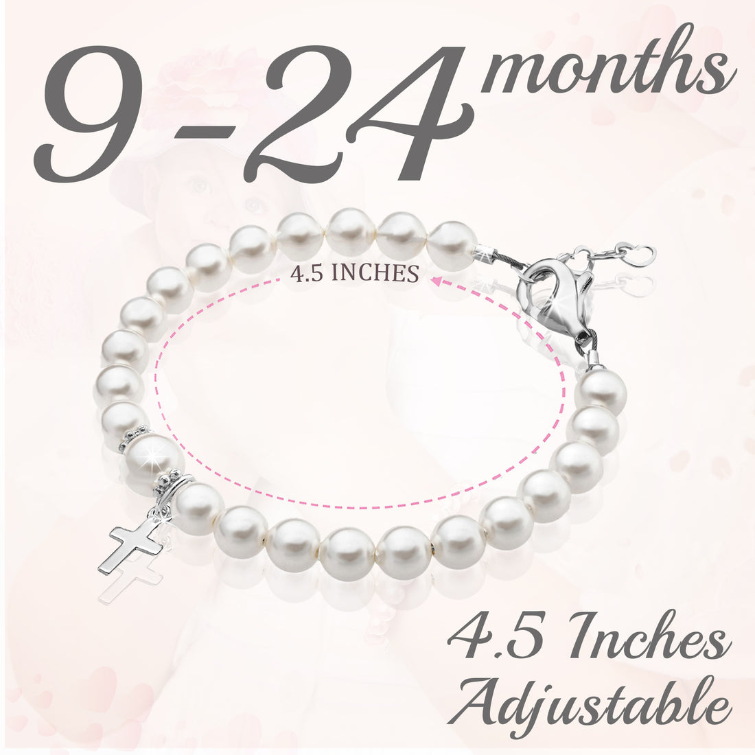 Sterling Silver Cross Charm White Pearl Bracelet for Girls - Christening & Baptism Gifts