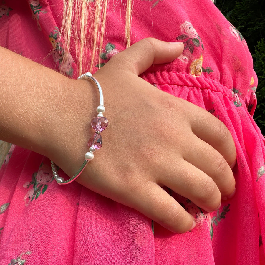 Teen Girl Bangles with Pink Heart Crystals