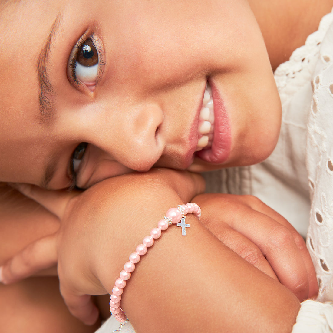 Infant Baby Girl Pink Pearl Bracelet Baptism & Christening Sterling Silver Cross Charm