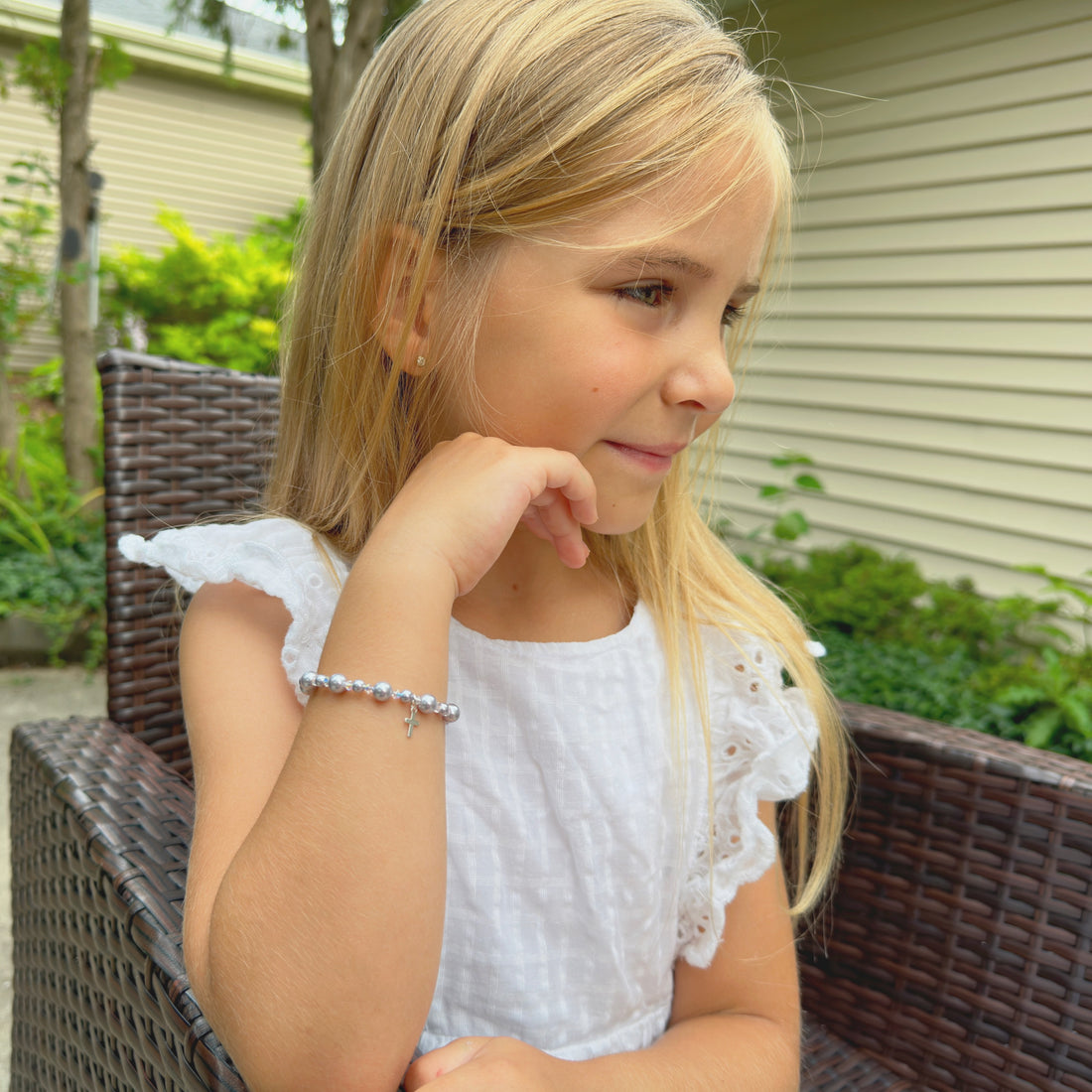 Baptism & Christening Sterling silver Cross Bracelet for Girls Lavender Pearls & Clear Crystals