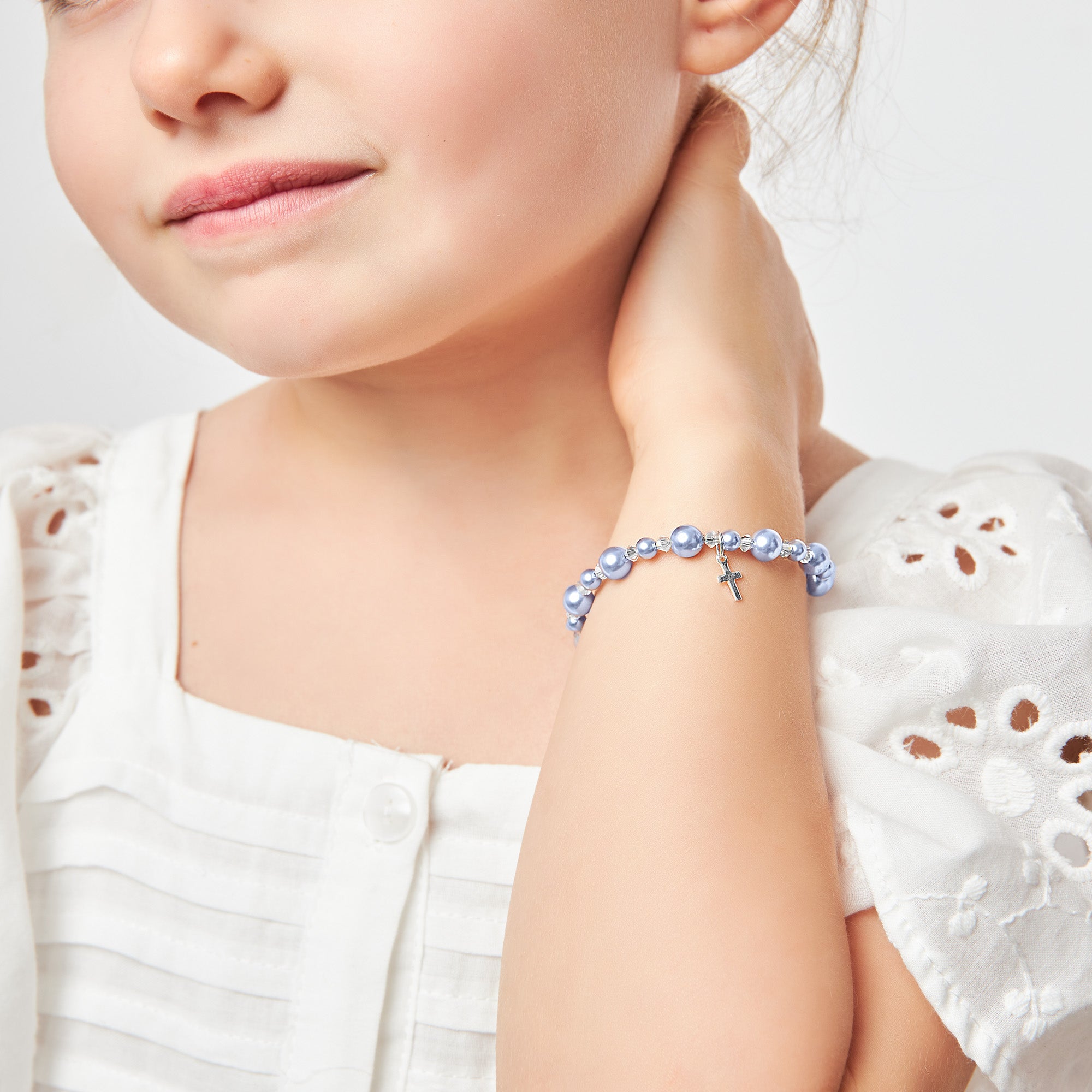 Teen Girl Baptism &amp; Christening Sterling silver Cross Charm Bracelet Lavender Pearl