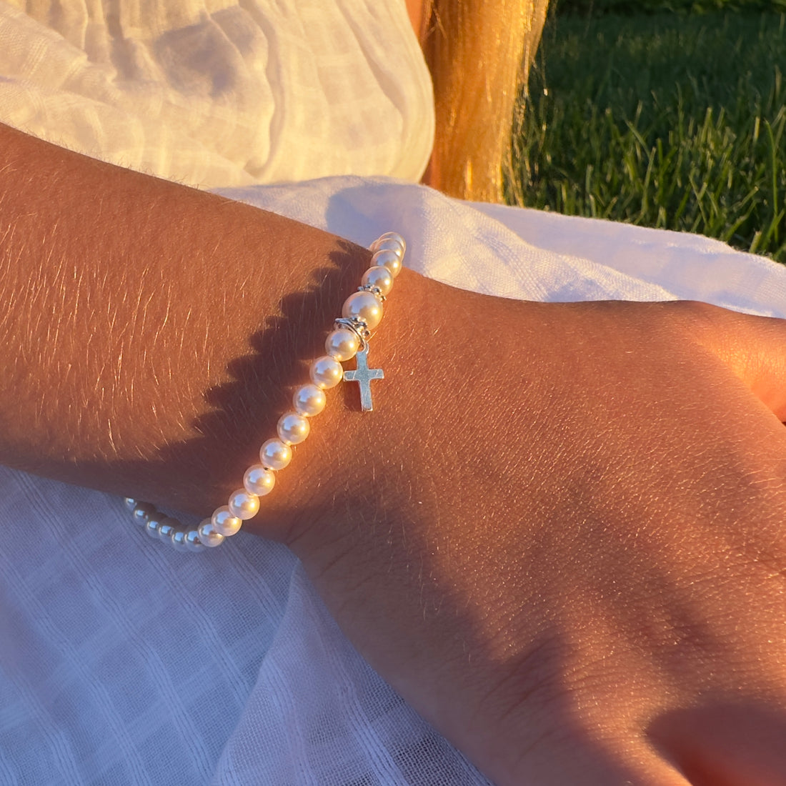 Infant Baby White Pearl Bracelet Baptism & Christening Sterling Silver Cross Charm