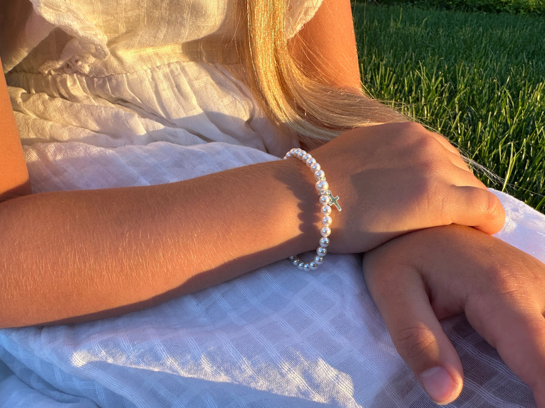 Sterling Silver Cross Charm White Pearl Bracelet for Girls - Christening & Baptism Gifts