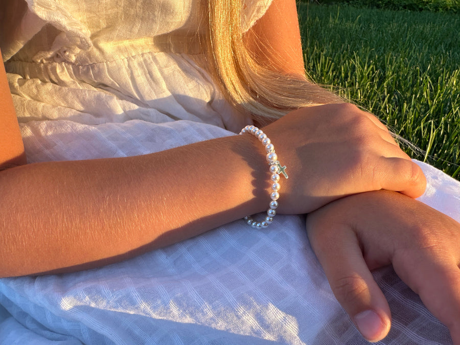 Sterling Silver Cross Charm White Pearl Bracelet for Girls - Christening & Baptism Gifts