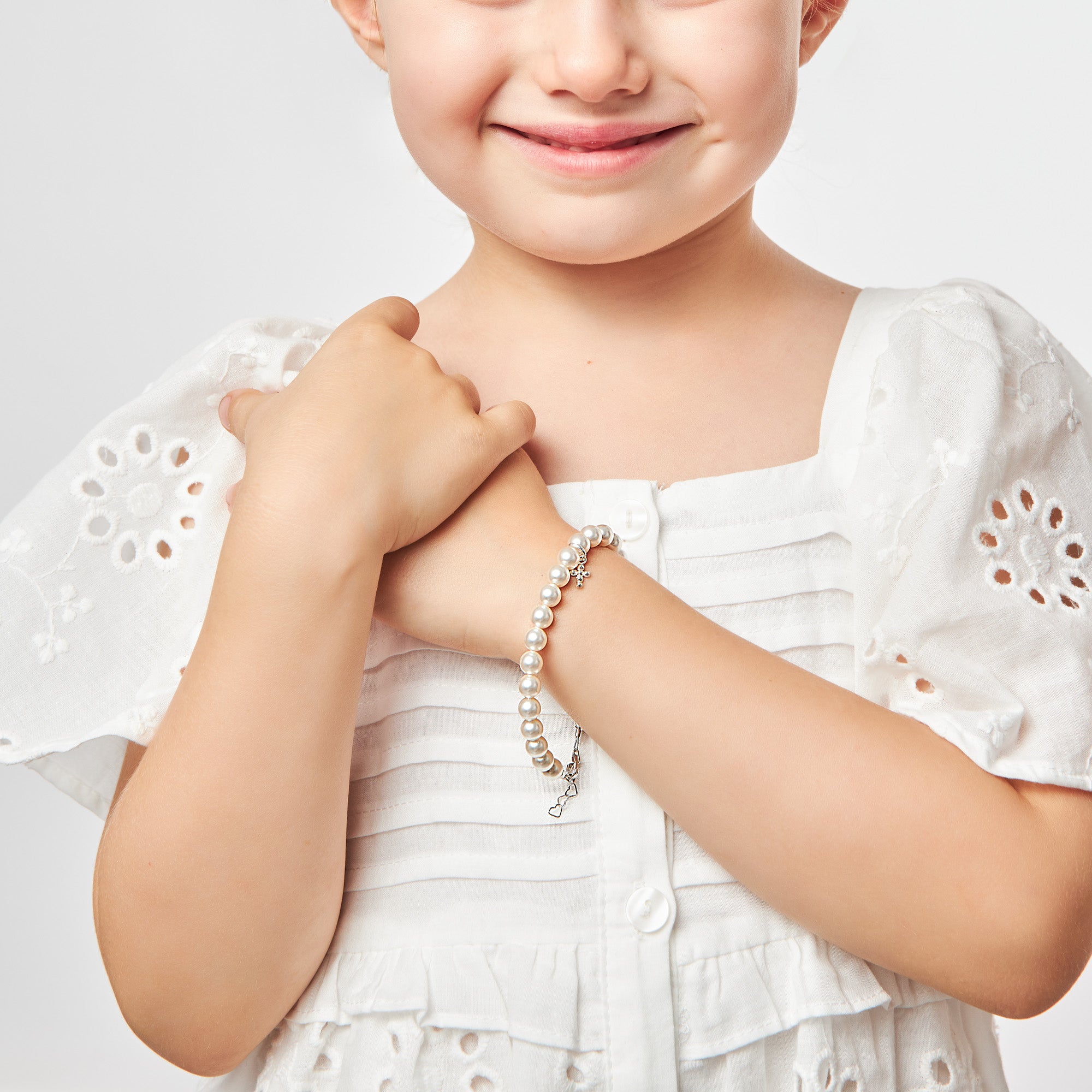 Beaded Bracelets for Girls, Sterling Silver Cross Charm -White Cultured Freshwater Pearl