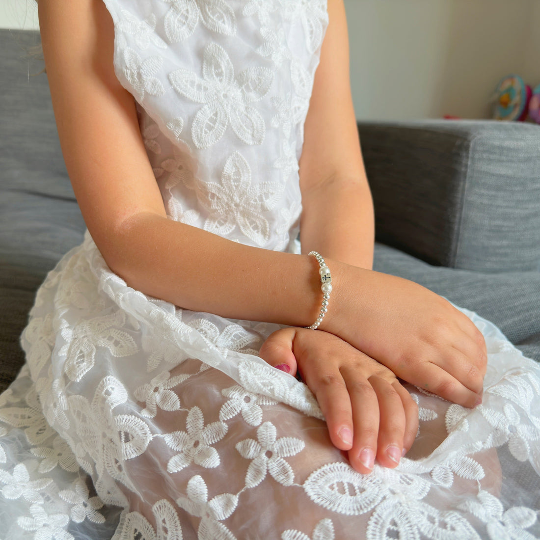 Sterling Silver Beads Box Cross White Pearl Bracelet for Girls - Baptism Gifts