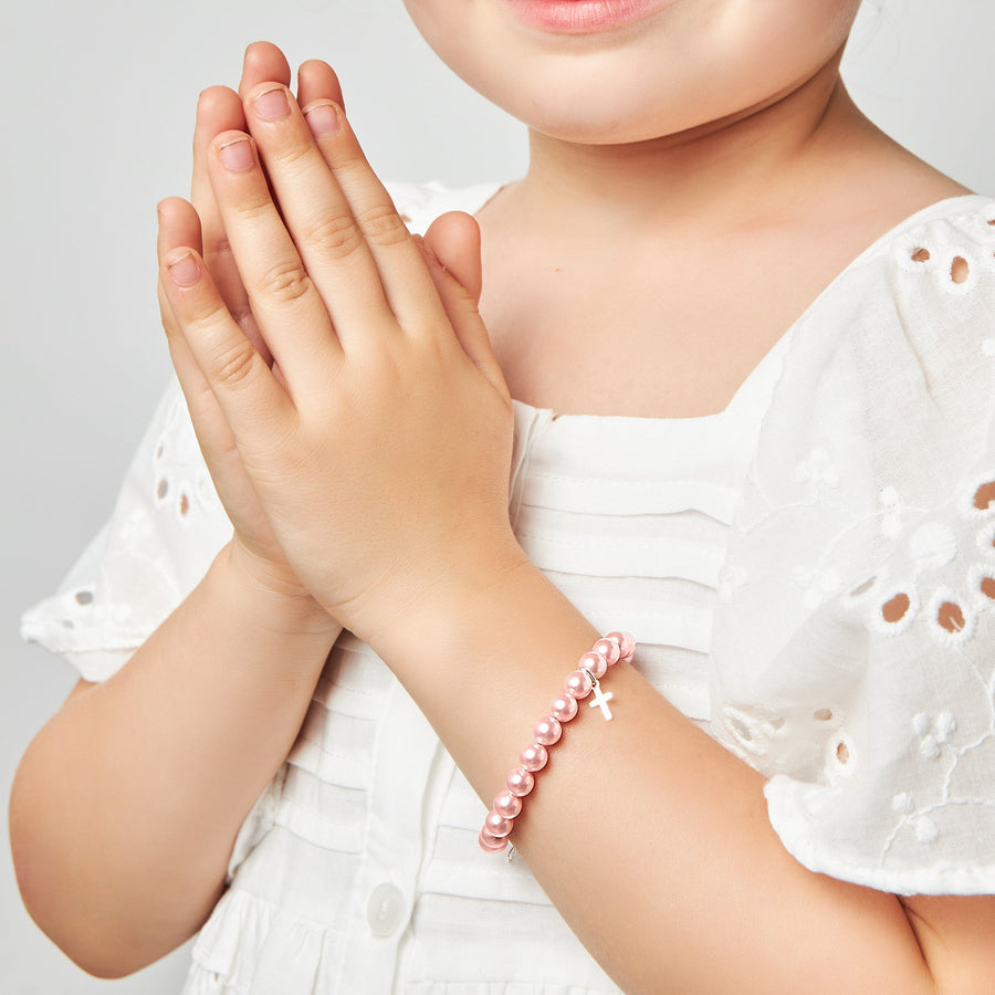 Sterling Silver Cross Charm Pink Pearl Bracelets for Girls - Baptism Gifts