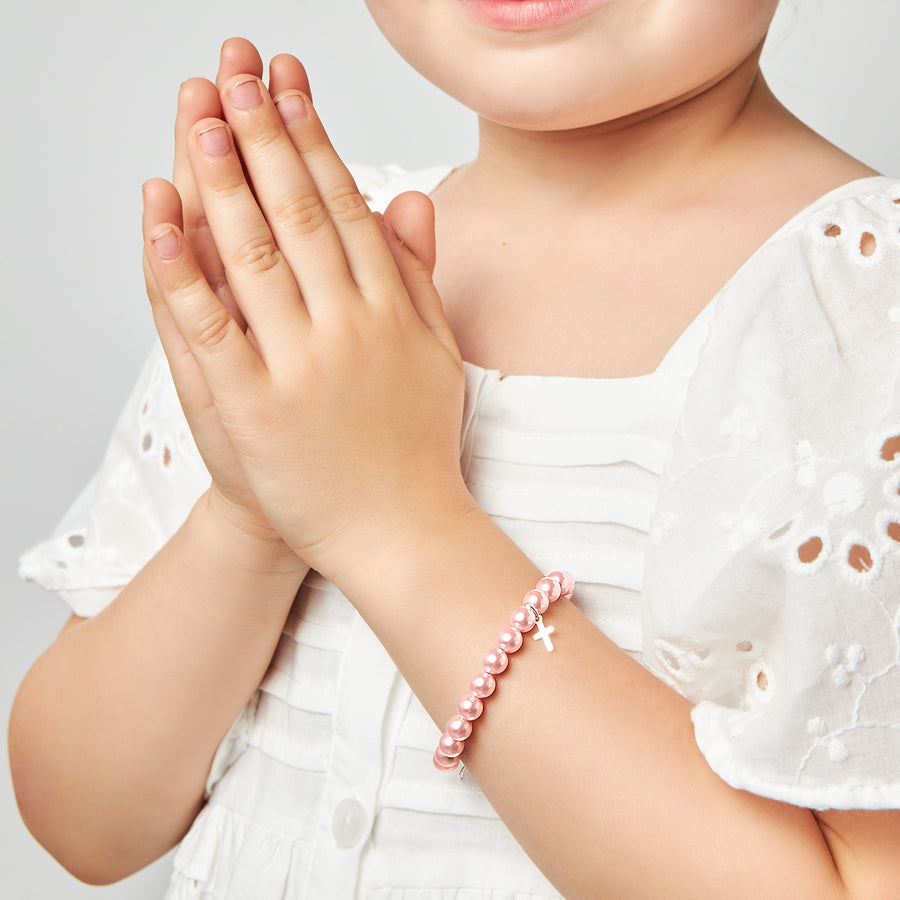 Toddler Baby Girl Sterling Silver Cross Baptism & Christening Pink Pearl Bracelet