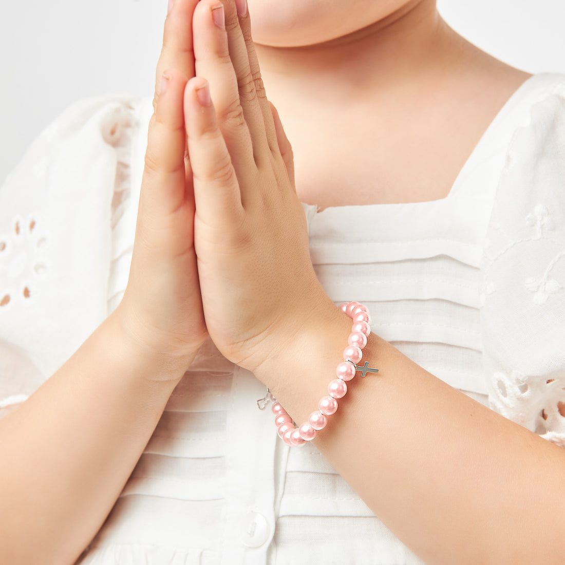Teen Girl Sterling Silver Cross Baptism & Christening Pink Pearl Bracelet