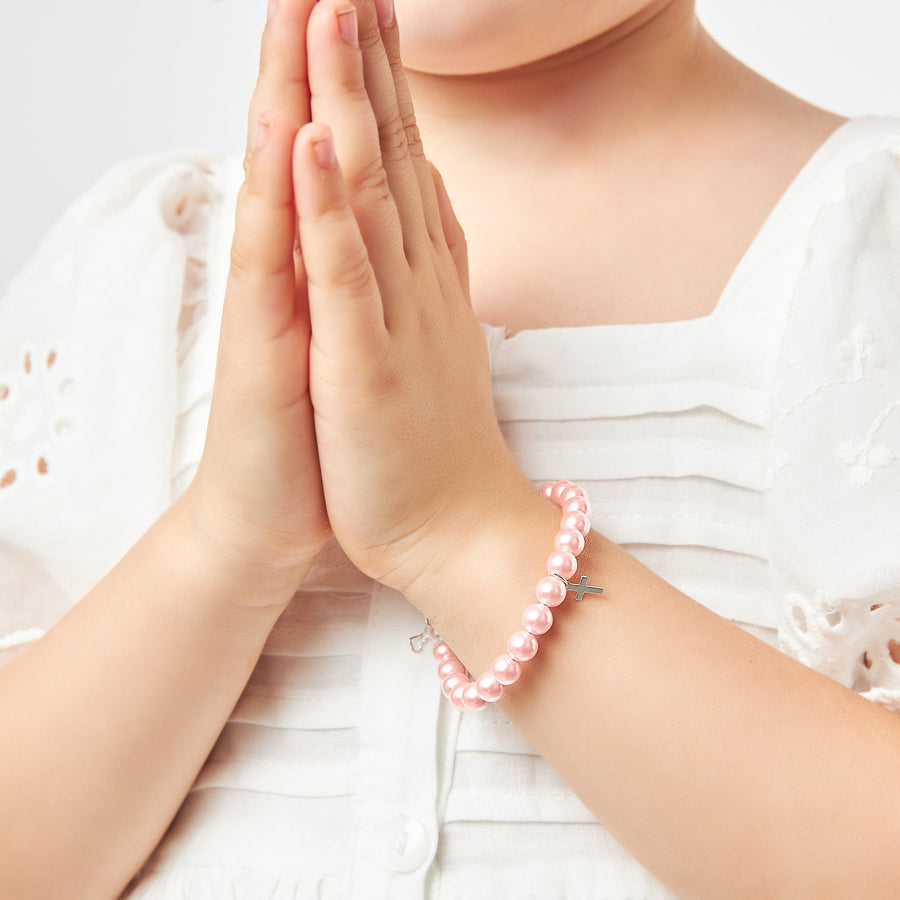 Sterling Silver Cross Charm Pink Pearl Bracelets for Girls - Baptism Gifts