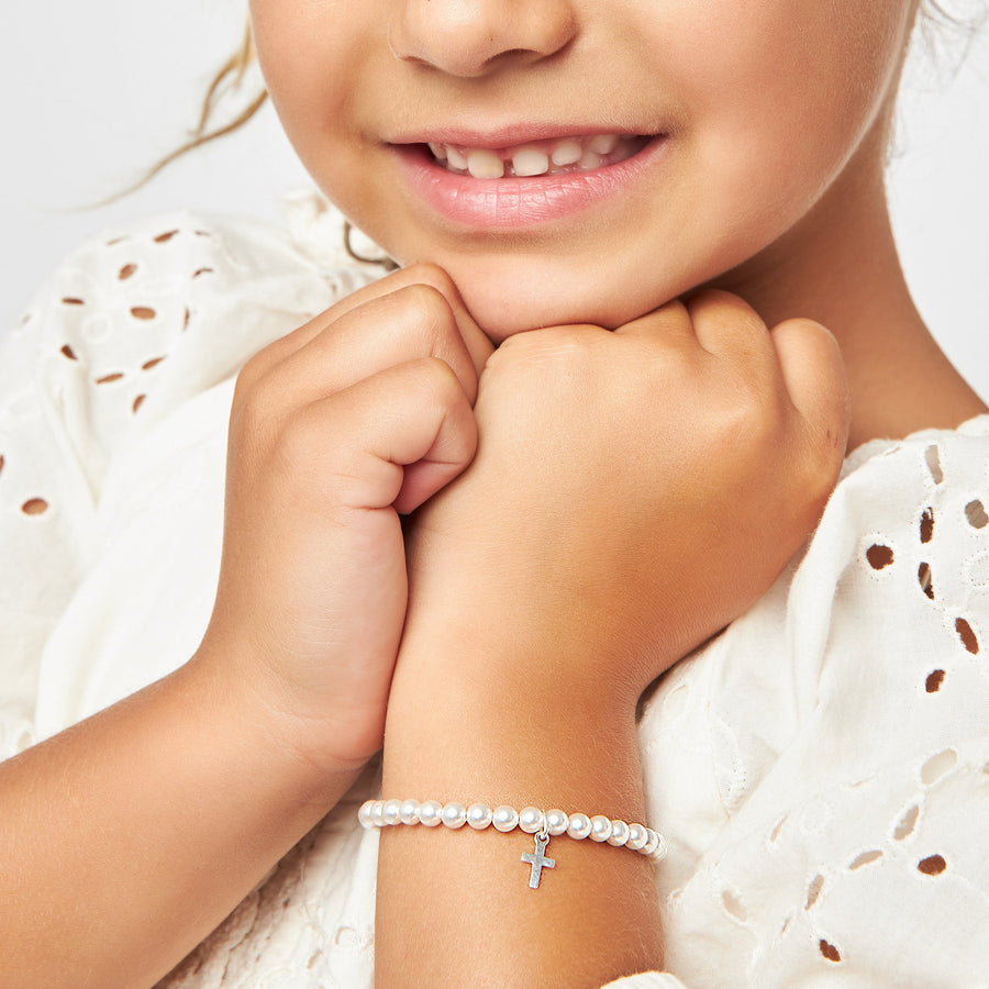 Sterling Silver Cross Charm White Pearl Bracelets for Girls - Baptism Gifts