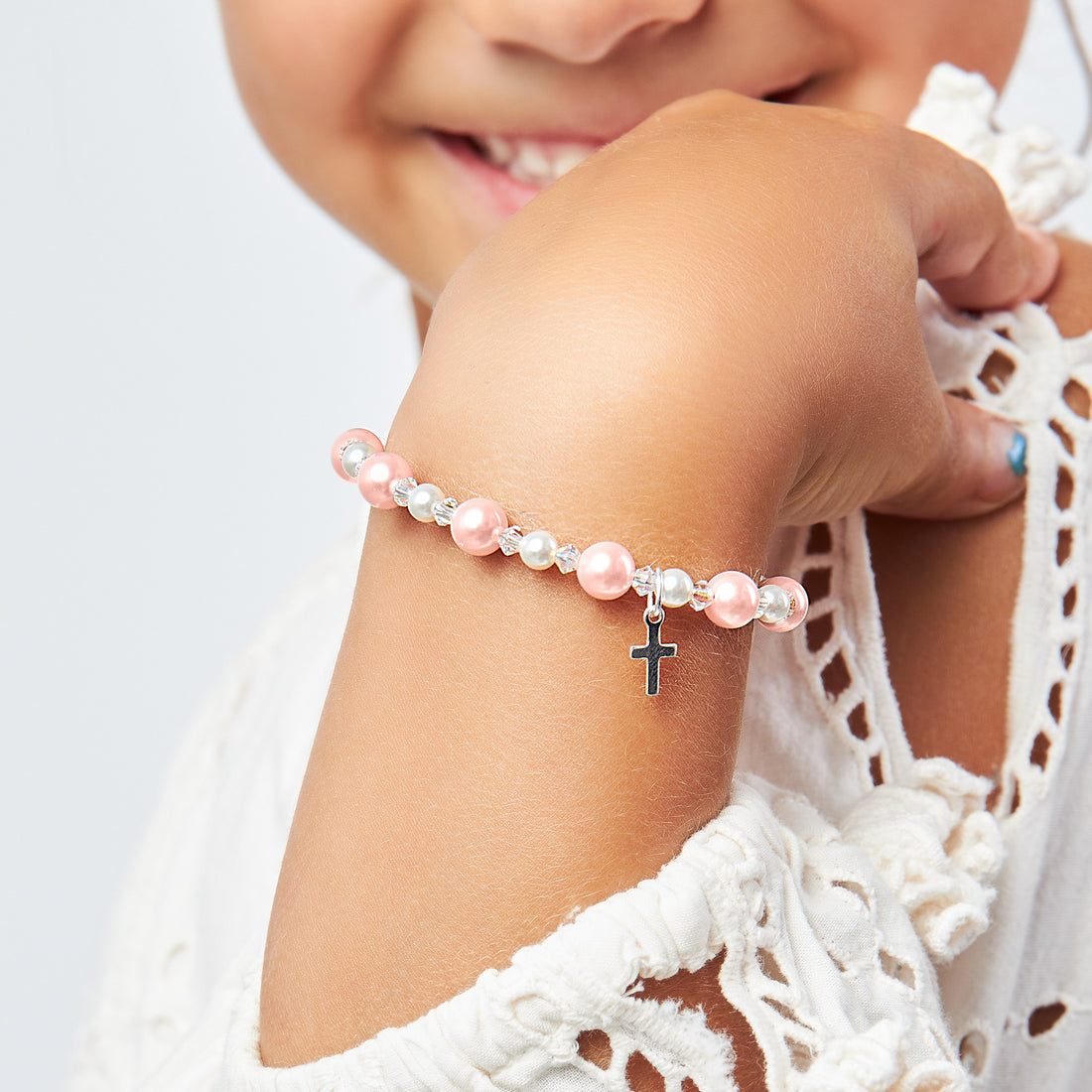 Sterling Silver Cross Baptism Bracelet for Girls - Pink & White Pearl Clear Crystals